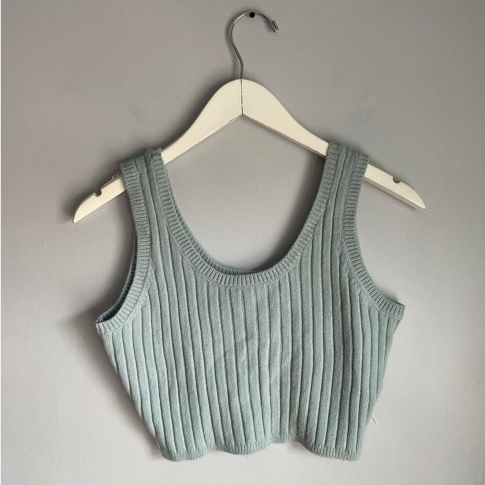 525 America Sage Green Ribbed Knit Sleeveless Cropped Tank Top Sweater Womens XS